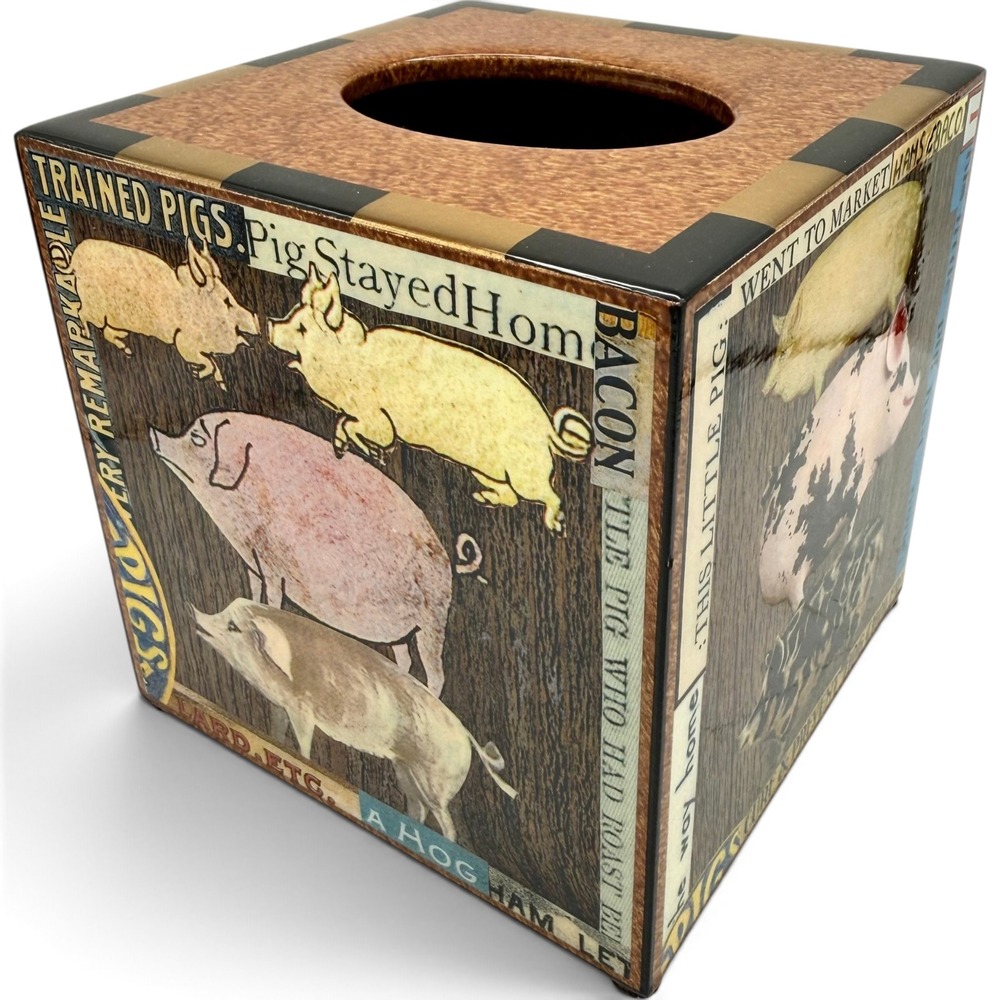 Annie Modica Signed Pigs Decoupage Tissue Box Cover Folk Art California